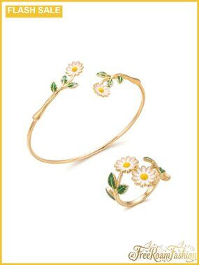 Enamel Flower Open Cuff Bracelet & Ring Jewelry Set Adjustable Floral Bangle